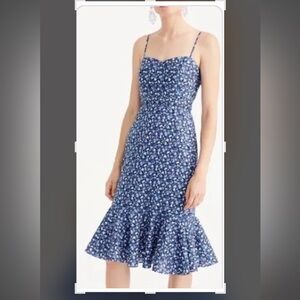 J. Crew Blue and White Ruffled Strapless Midi Dress